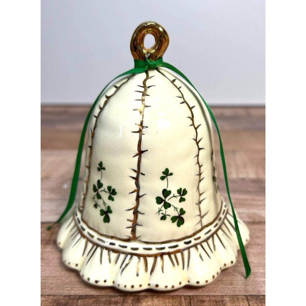 Irish Ceramic Bell With Green Clover Design Gold Accents & Green Ribbon Decorati